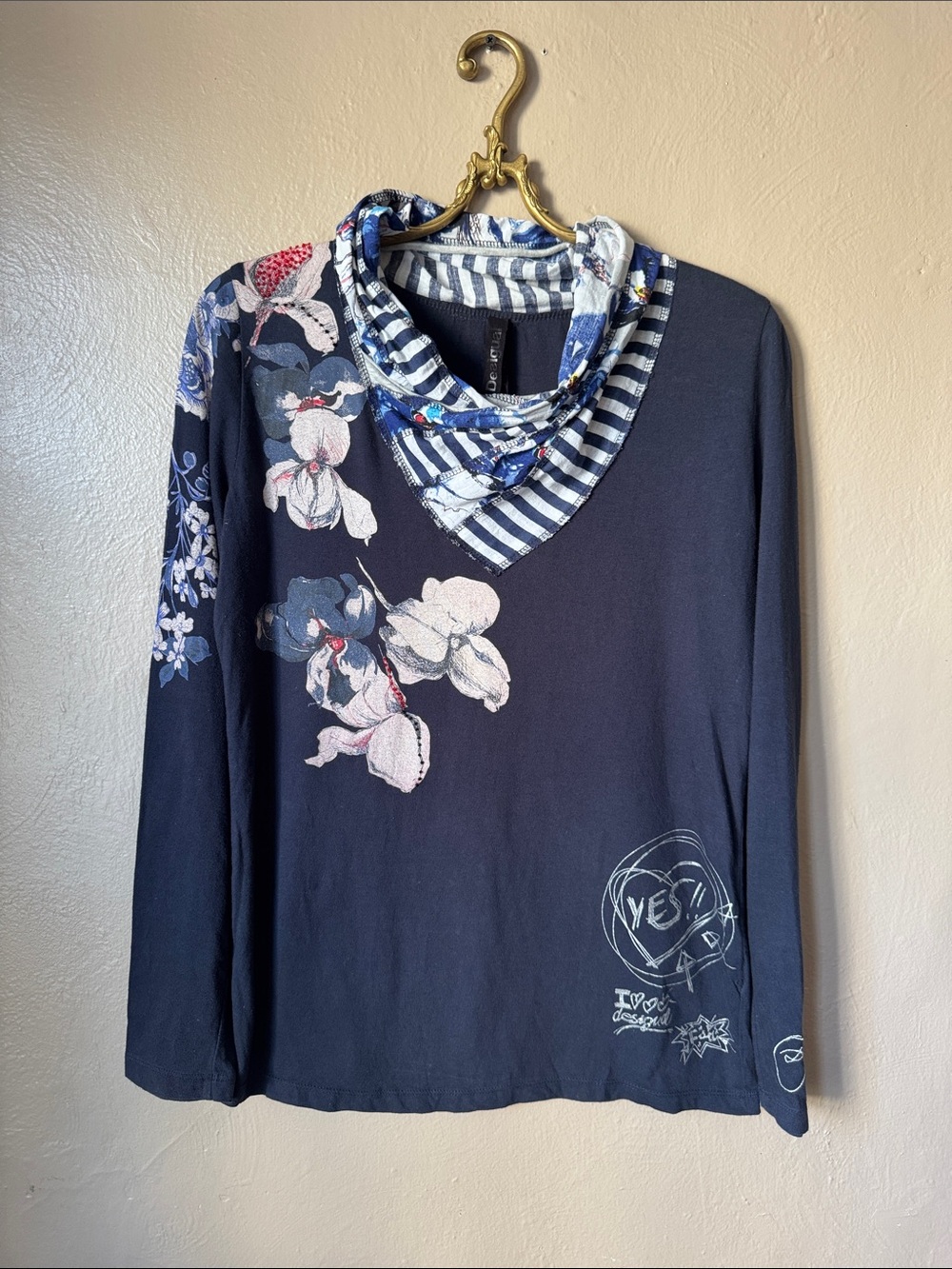 Desigual Blue Floral Cowl Neck Long-Sleeve Shirt Size Large